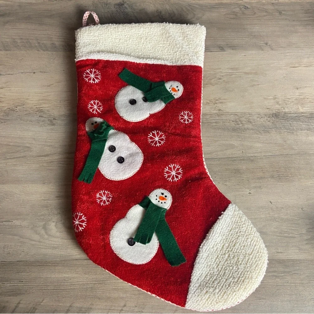 TERRYCLOTH GREEN RED‎ WHITE SNOWMAN SNOWFLAKES CHRISTMAS STOCKING